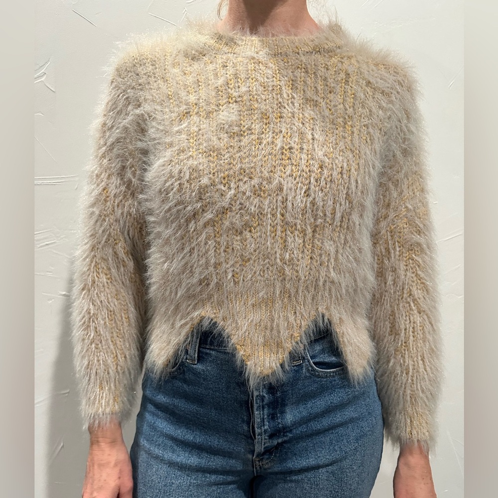 Fuzzy Knit Yellow Sweater With Silver Mohair-Small